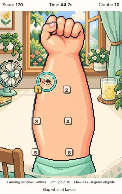 Actual gameplay with six numbered arm spots, a landed mosquito and an approaching gold mosquito by a summer window