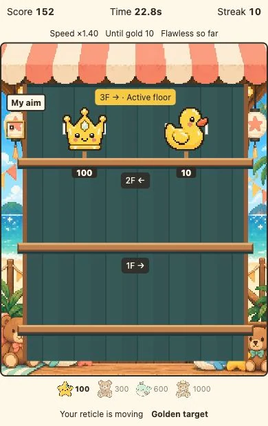 Actual seaside shooting scene with fixed targets, a moving reticle and gold