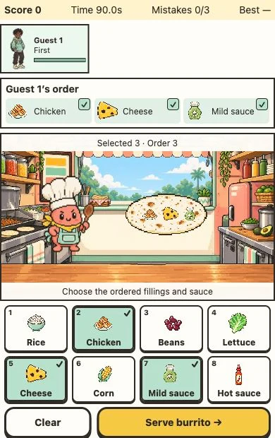 Gameplay choosing ingredients and preparing burritos for customers