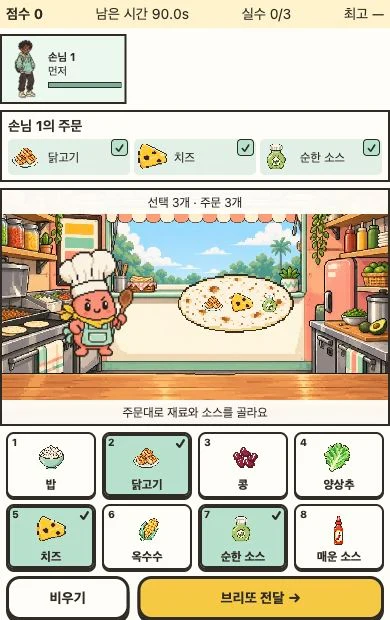 손님 주문에 맞춰 재료를 고르고 브리또를 만드는 플레이 화면