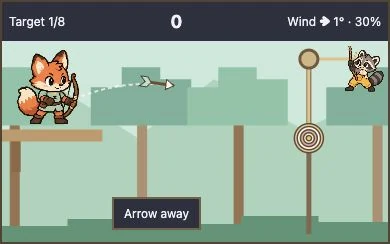 Actual parabolic gameplay with a woodland fox archer and a raccoon lowering a pulley target