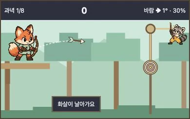 숲속 여우가 활을 쏘고 너구리가 도르래 과녁을 내리는 실제 포물선 플레이 화면
