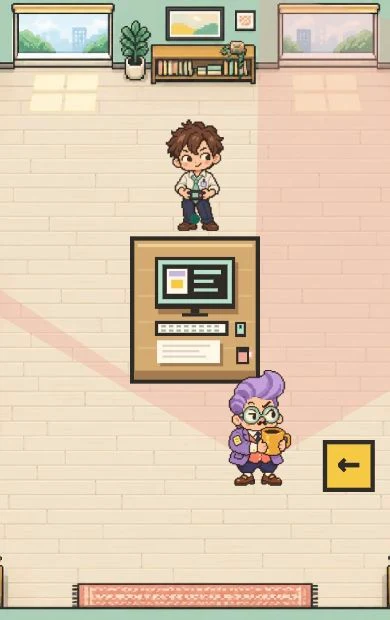 사무실 책상과 몰래 게임기를 든 직장인의 플레이 화면