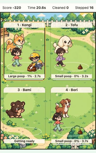 Actual dog-park gameplay with four puppies, a black-bag cleaner and approaching walkers
