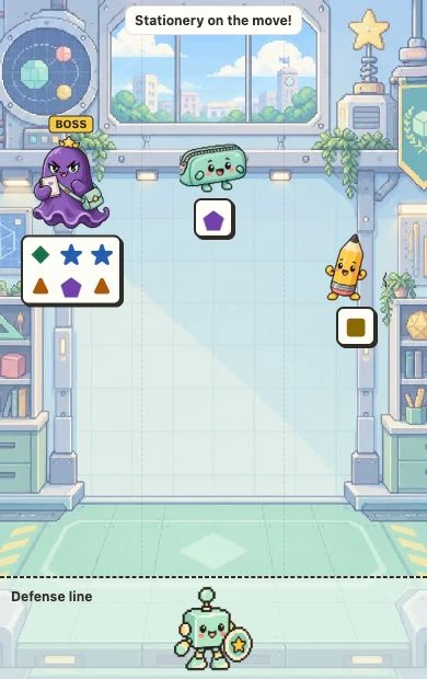 Actual gameplay with pencil and pencil-case monsters and a cute classroom ghost boss