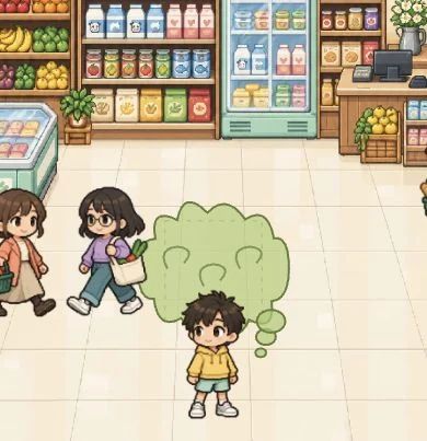 Actual gameplay controlling a growing smell while shoppers approach in a bright supermarket aisle