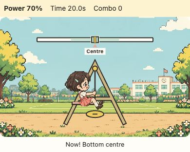 Actual gameplay with a bottom-centre target and power display on the schoolyard swing