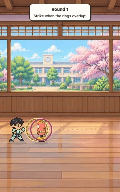 Gameplay with timing rings and a training bag in the dojo